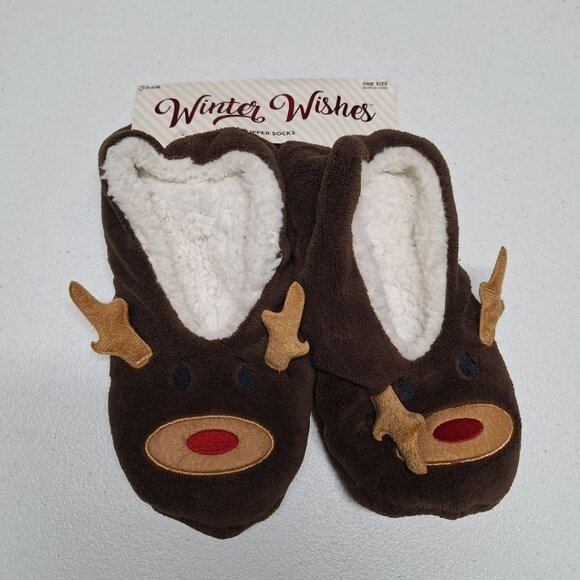 Winter Wishes Reindeer Slipper Socks Santa's Squad Fluffy Adult One Size - Picture 1 of 6